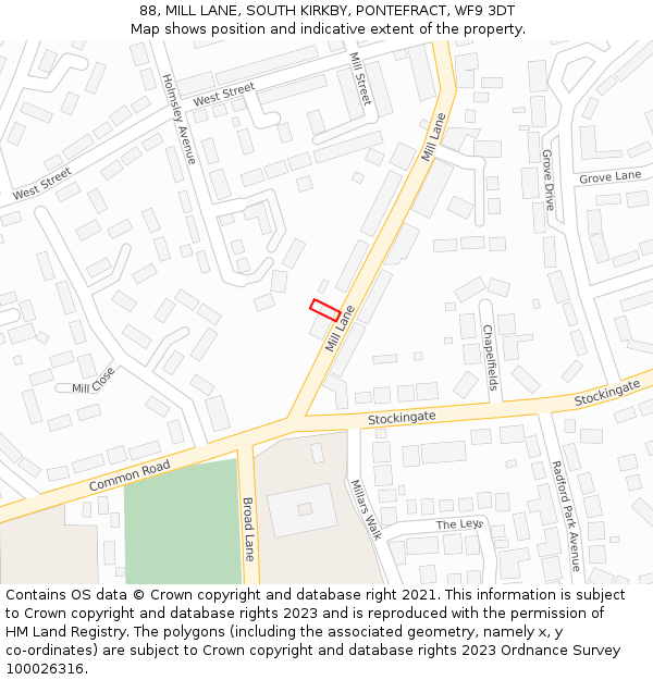 88, MILL LANE, SOUTH KIRKBY, PONTEFRACT, WF9 3DT: Location map and indicative extent of plot