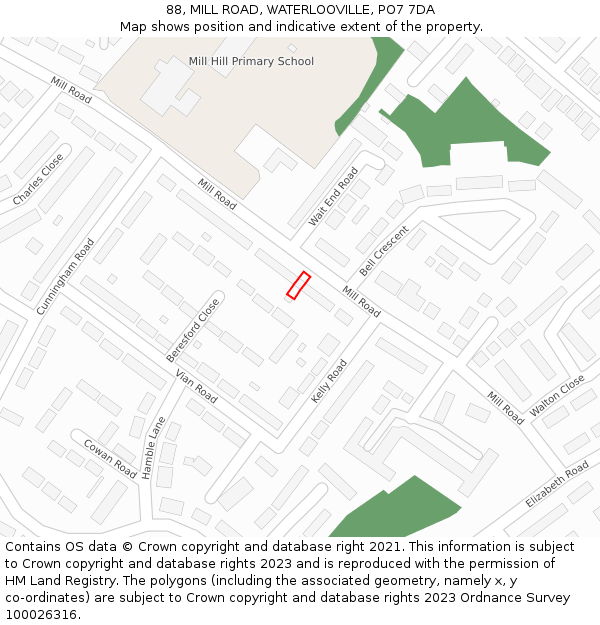 88, MILL ROAD, WATERLOOVILLE, PO7 7DA: Location map and indicative extent of plot