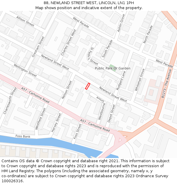 88, NEWLAND STREET WEST, LINCOLN, LN1 1PH: Location map and indicative extent of plot