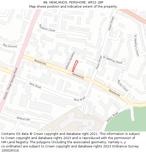88, NEWLANDS, PERSHORE, WR10 1BP: Location map and indicative extent of plot