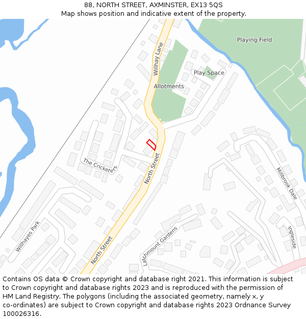 88, NORTH STREET, AXMINSTER, EX13 5QS: Location map and indicative extent of plot