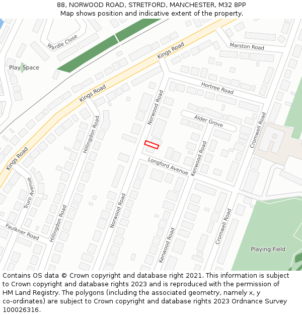 88, NORWOOD ROAD, STRETFORD, MANCHESTER, M32 8PP: Location map and indicative extent of plot
