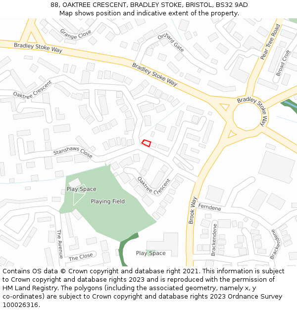 88, OAKTREE CRESCENT, BRADLEY STOKE, BRISTOL, BS32 9AD: Location map and indicative extent of plot