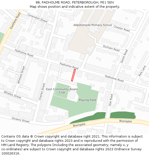 88, PADHOLME ROAD, PETERBOROUGH, PE1 5EN: Location map and indicative extent of plot