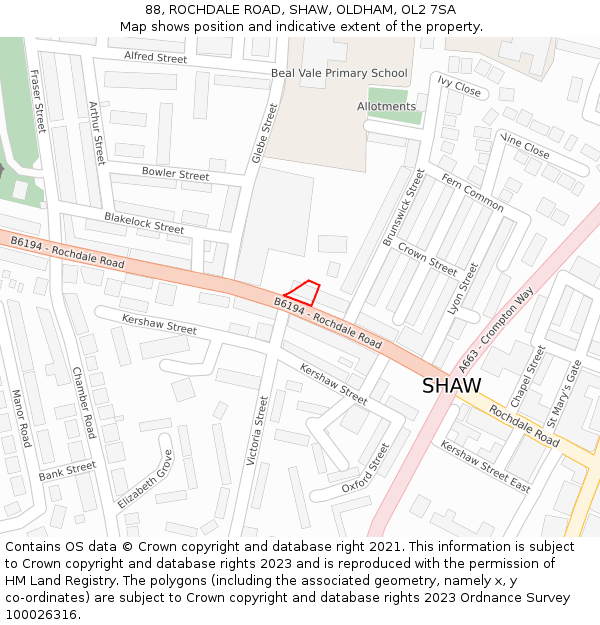 88, ROCHDALE ROAD, SHAW, OLDHAM, OL2 7SA: Location map and indicative extent of plot