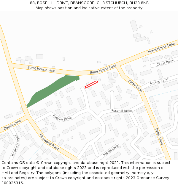 88, ROSEHILL DRIVE, BRANSGORE, CHRISTCHURCH, BH23 8NR: Location map and indicative extent of plot
