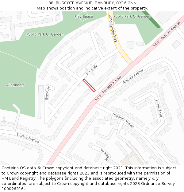 88, RUSCOTE AVENUE, BANBURY, OX16 2NN: Location map and indicative extent of plot