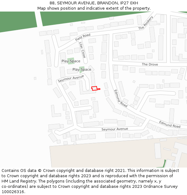 88, SEYMOUR AVENUE, BRANDON, IP27 0XH: Location map and indicative extent of plot