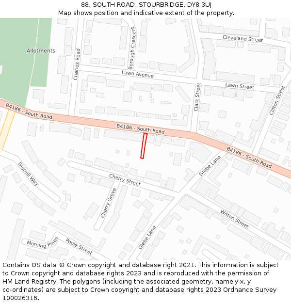 88, SOUTH ROAD, STOURBRIDGE, DY8 3UJ: Location map and indicative extent of plot