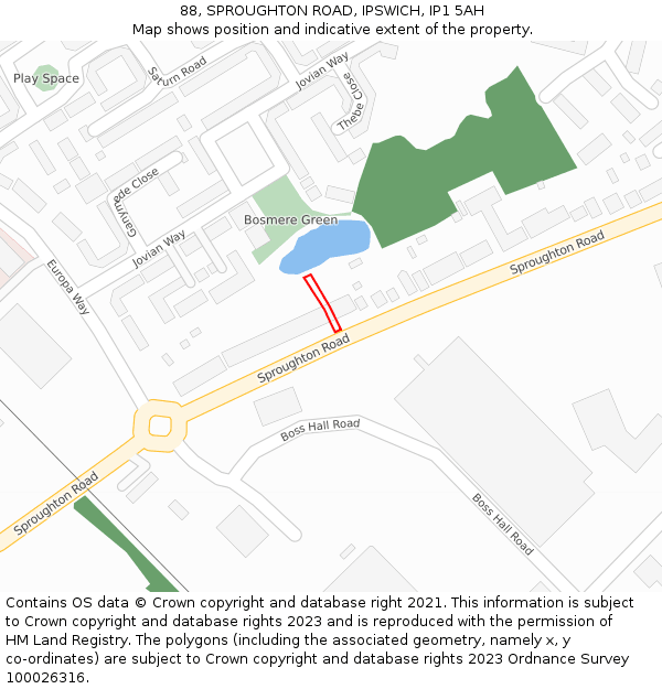 88, SPROUGHTON ROAD, IPSWICH, IP1 5AH: Location map and indicative extent of plot