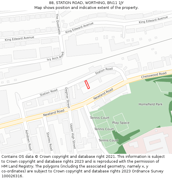 88, STATION ROAD, WORTHING, BN11 1JY: Location map and indicative extent of plot