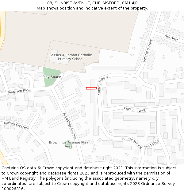 88, SUNRISE AVENUE, CHELMSFORD, CM1 4JP: Location map and indicative extent of plot