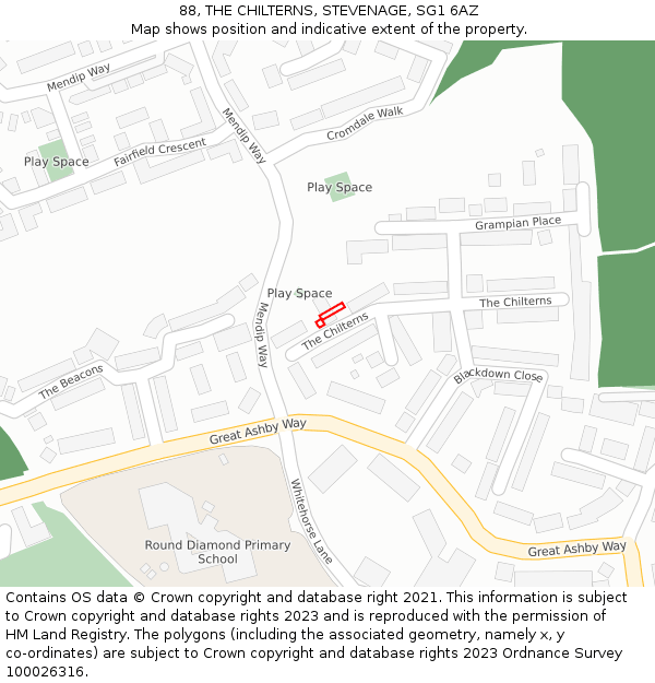 88, THE CHILTERNS, STEVENAGE, SG1 6AZ: Location map and indicative extent of plot