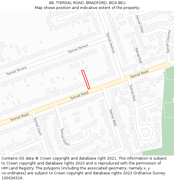 88, TYERSAL ROAD, BRADFORD, BD4 8EU: Location map and indicative extent of plot