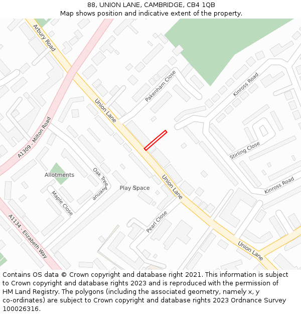 88, UNION LANE, CAMBRIDGE, CB4 1QB: Location map and indicative extent of plot