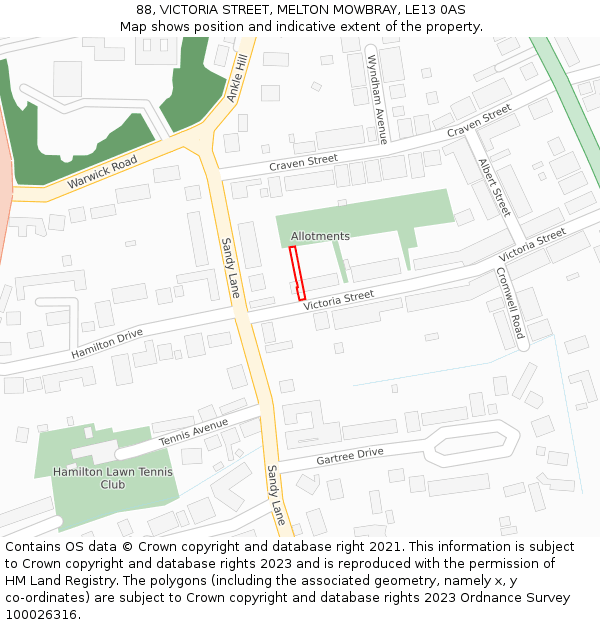 88, VICTORIA STREET, MELTON MOWBRAY, LE13 0AS: Location map and indicative extent of plot