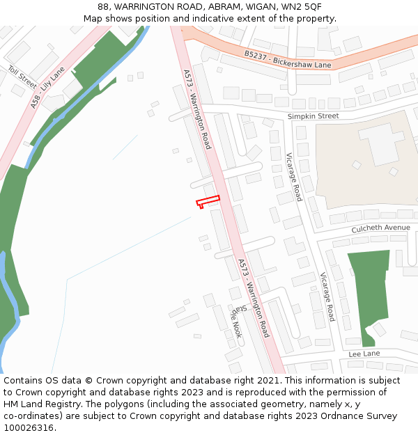 88, WARRINGTON ROAD, ABRAM, WIGAN, WN2 5QF: Location map and indicative extent of plot