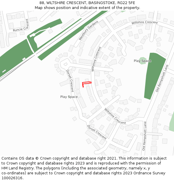 88, WILTSHIRE CRESCENT, BASINGSTOKE, RG22 5FE: Location map and indicative extent of plot