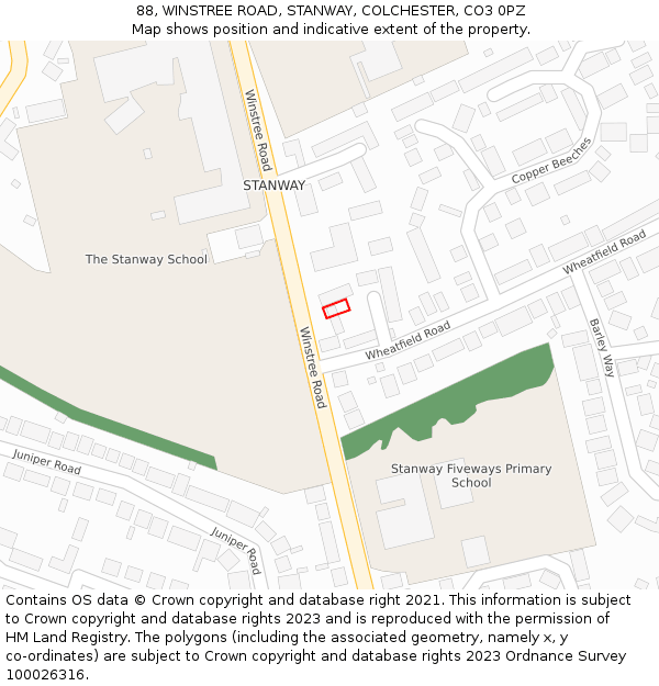 88, WINSTREE ROAD, STANWAY, COLCHESTER, CO3 0PZ: Location map and indicative extent of plot