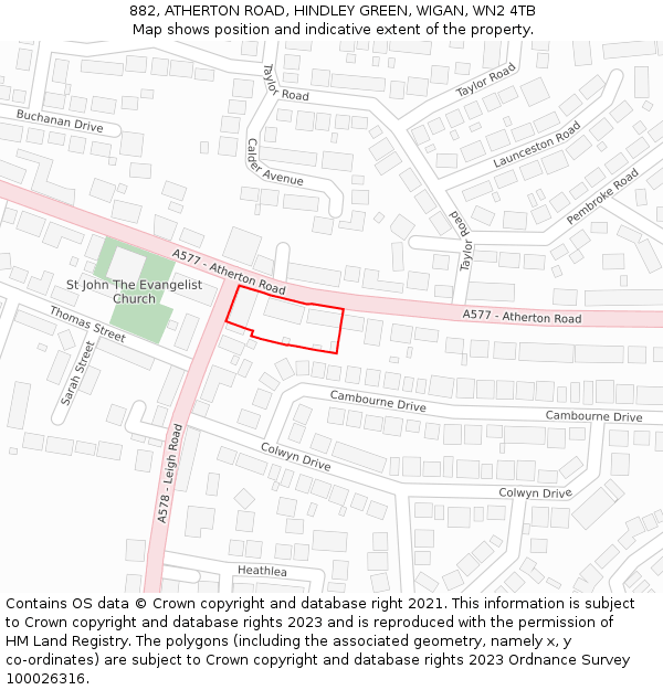 882, ATHERTON ROAD, HINDLEY GREEN, WIGAN, WN2 4TB: Location map and indicative extent of plot