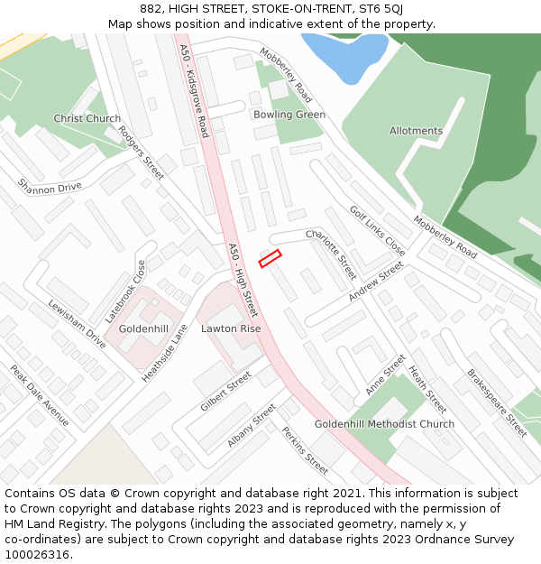 882, HIGH STREET, STOKE-ON-TRENT, ST6 5QJ: Location map and indicative extent of plot