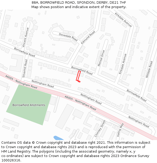 88A, BORROWFIELD ROAD, SPONDON, DERBY, DE21 7HF: Location map and indicative extent of plot
