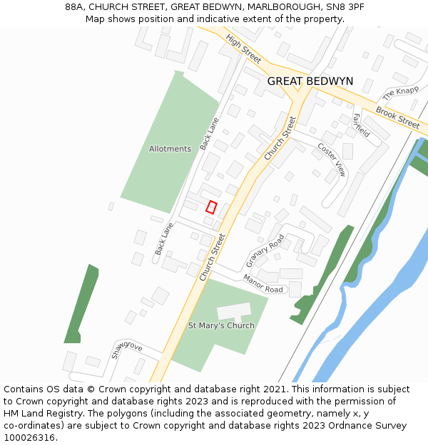 88A, CHURCH STREET, GREAT BEDWYN, MARLBOROUGH, SN8 3PF: Location map and indicative extent of plot