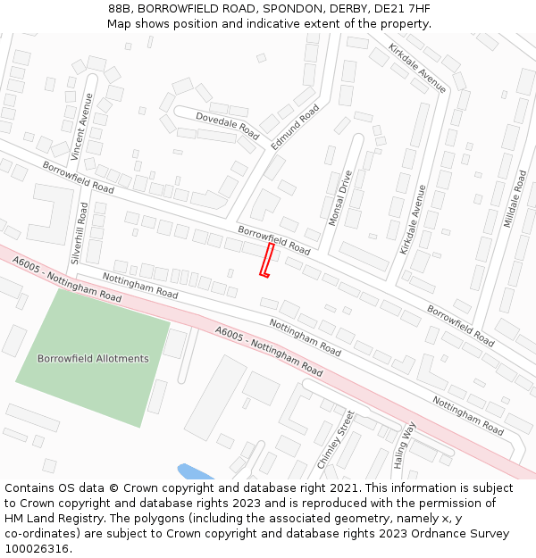 88B, BORROWFIELD ROAD, SPONDON, DERBY, DE21 7HF: Location map and indicative extent of plot