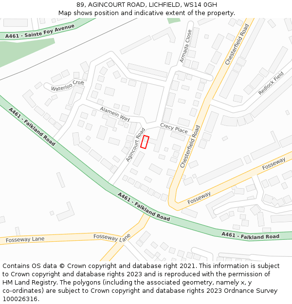 89, AGINCOURT ROAD, LICHFIELD, WS14 0GH: Location map and indicative extent of plot