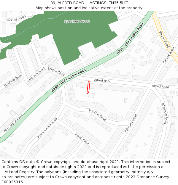 89, ALFRED ROAD, HASTINGS, TN35 5HZ: Location map and indicative extent of plot