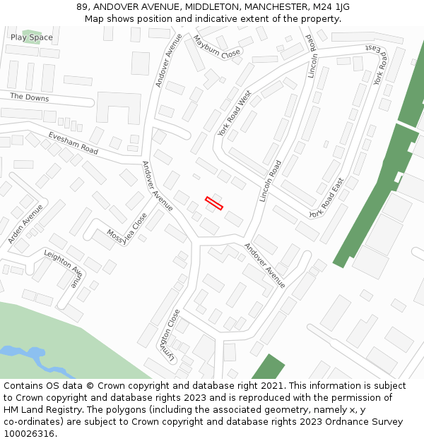 89, ANDOVER AVENUE, MIDDLETON, MANCHESTER, M24 1JG: Location map and indicative extent of plot