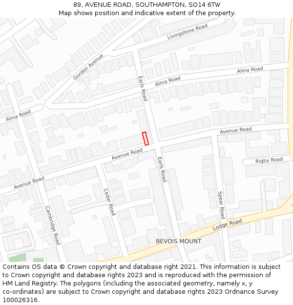 89, AVENUE ROAD, SOUTHAMPTON, SO14 6TW: Location map and indicative extent of plot