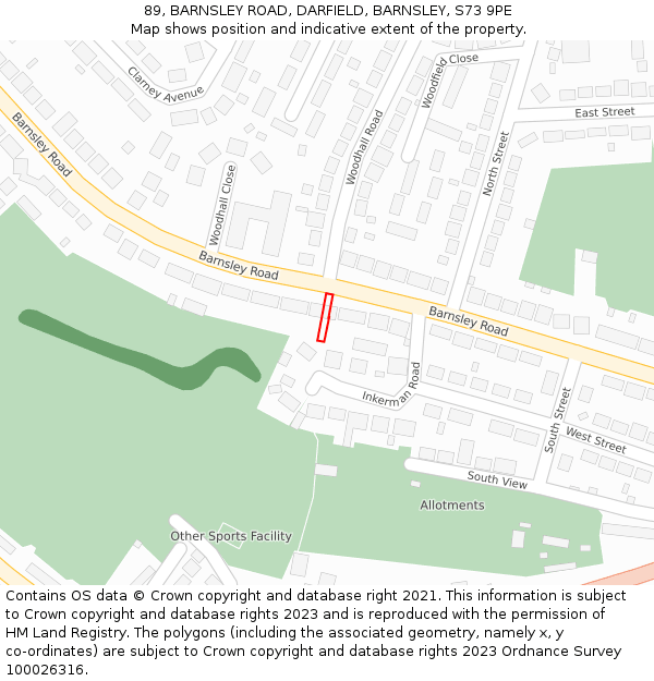 89, BARNSLEY ROAD, DARFIELD, BARNSLEY, S73 9PE: Location map and indicative extent of plot