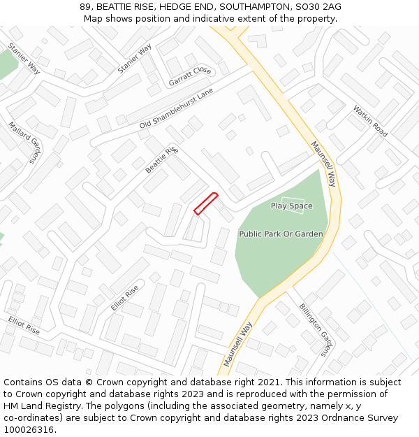 89, BEATTIE RISE, HEDGE END, SOUTHAMPTON, SO30 2AG: Location map and indicative extent of plot