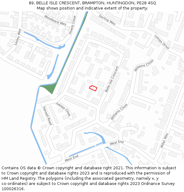 89, BELLE ISLE CRESCENT, BRAMPTON, HUNTINGDON, PE28 4SQ: Location map and indicative extent of plot