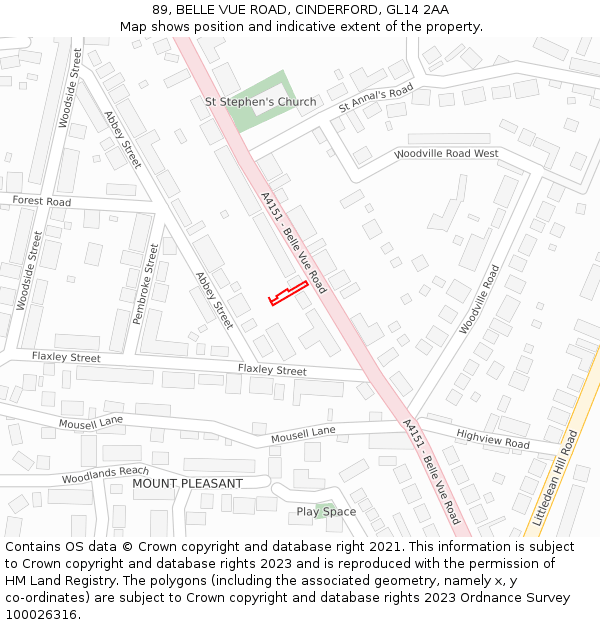 89, BELLE VUE ROAD, CINDERFORD, GL14 2AA: Location map and indicative extent of plot