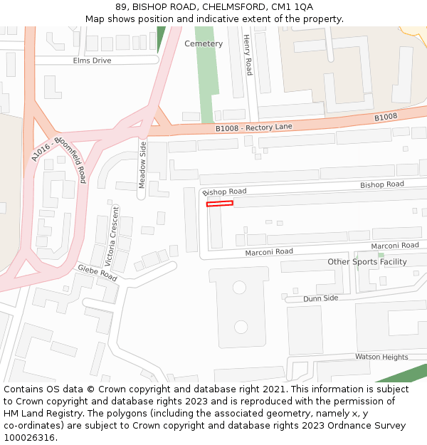 89, BISHOP ROAD, CHELMSFORD, CM1 1QA: Location map and indicative extent of plot