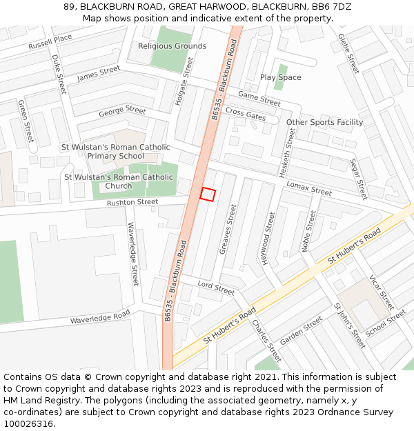 89, BLACKBURN ROAD, GREAT HARWOOD, BLACKBURN, BB6 7DZ: Location map and indicative extent of plot