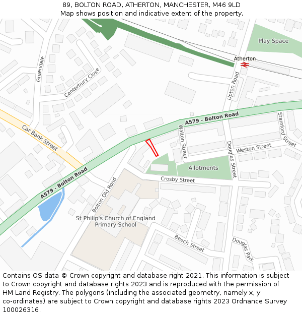 89, BOLTON ROAD, ATHERTON, MANCHESTER, M46 9LD: Location map and indicative extent of plot