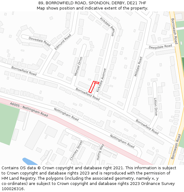 89, BORROWFIELD ROAD, SPONDON, DERBY, DE21 7HF: Location map and indicative extent of plot
