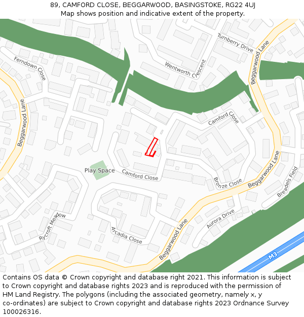 89, CAMFORD CLOSE, BEGGARWOOD, BASINGSTOKE, RG22 4UJ: Location map and indicative extent of plot