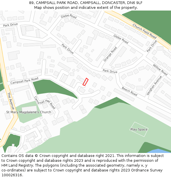 89, CAMPSALL PARK ROAD, CAMPSALL, DONCASTER, DN6 9LF: Location map and indicative extent of plot