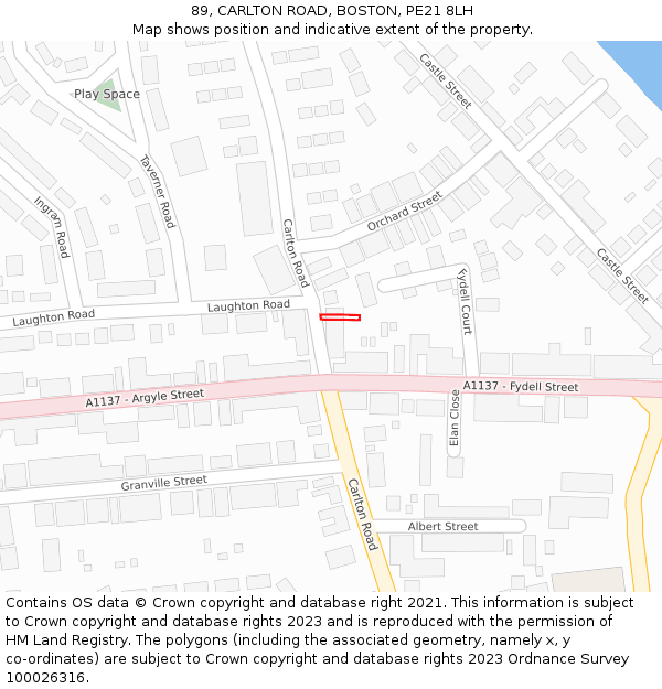 89, CARLTON ROAD, BOSTON, PE21 8LH: Location map and indicative extent of plot