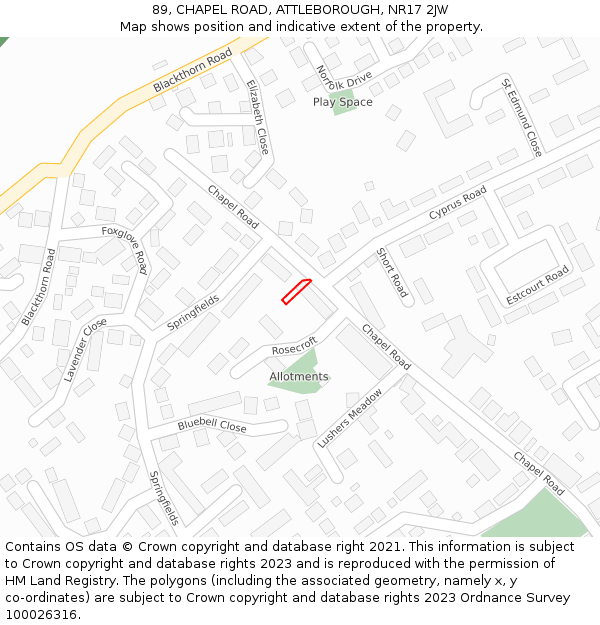 89, CHAPEL ROAD, ATTLEBOROUGH, NR17 2JW: Location map and indicative extent of plot