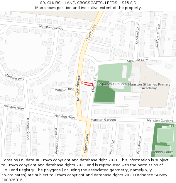 89, CHURCH LANE, CROSSGATES, LEEDS, LS15 8JD: Location map and indicative extent of plot