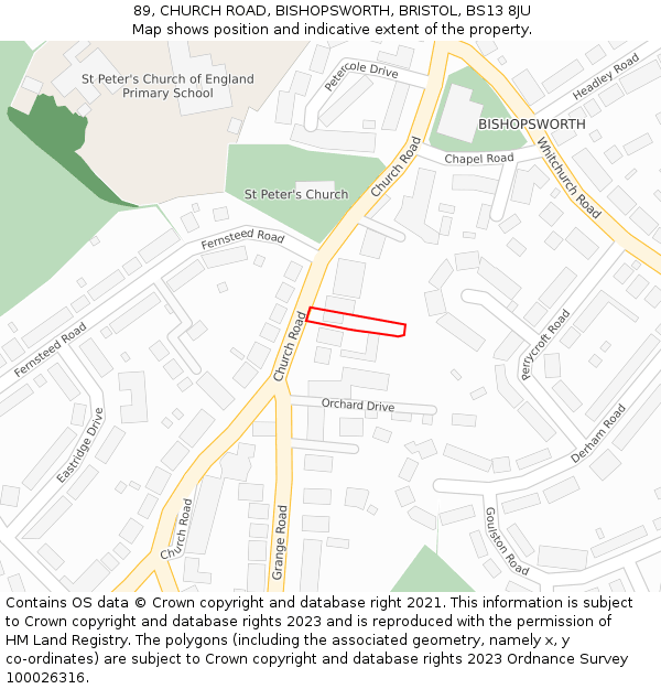 89, CHURCH ROAD, BISHOPSWORTH, BRISTOL, BS13 8JU: Location map and indicative extent of plot
