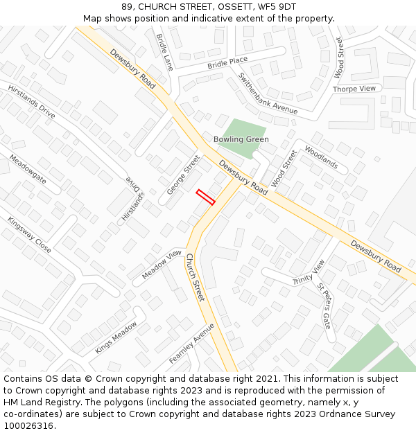 89, CHURCH STREET, OSSETT, WF5 9DT: Location map and indicative extent of plot