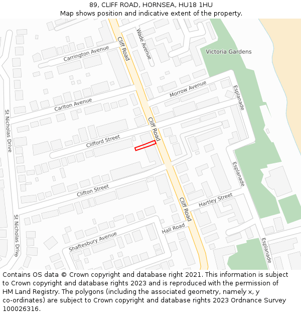 89, CLIFF ROAD, HORNSEA, HU18 1HU: Location map and indicative extent of plot