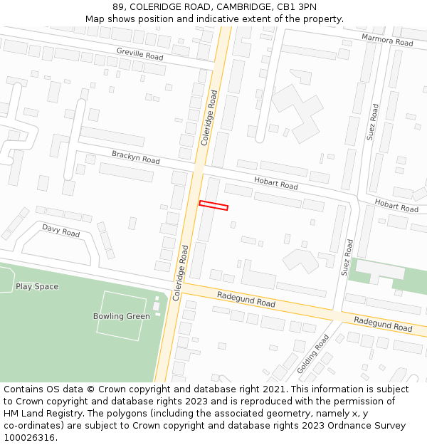 89, COLERIDGE ROAD, CAMBRIDGE, CB1 3PN: Location map and indicative extent of plot