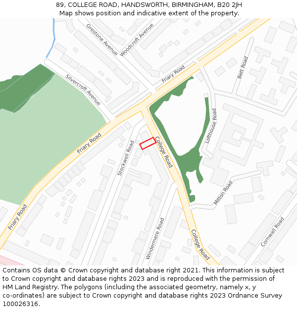 89, COLLEGE ROAD, HANDSWORTH, BIRMINGHAM, B20 2JH: Location map and indicative extent of plot